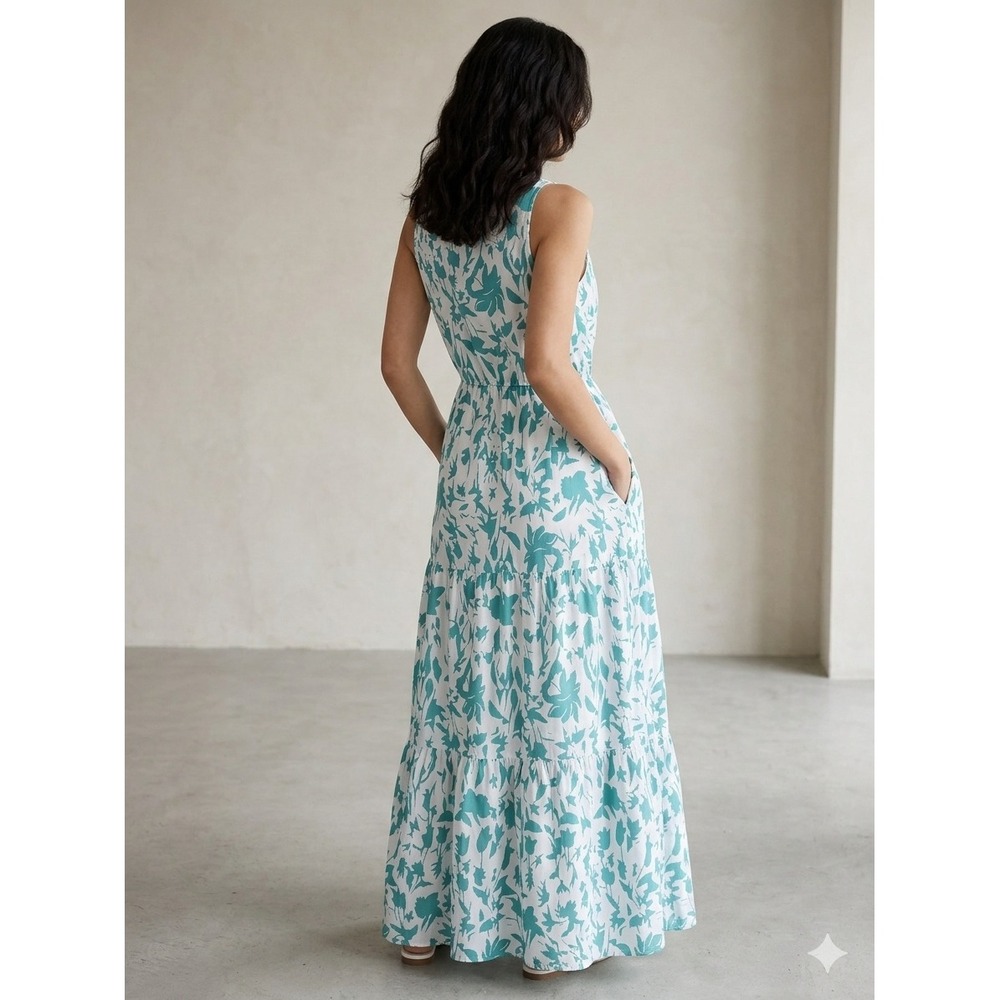 Teal White Floral Tiered Maxi Dress Sleeveless V-Neck Elastic Waist Medium